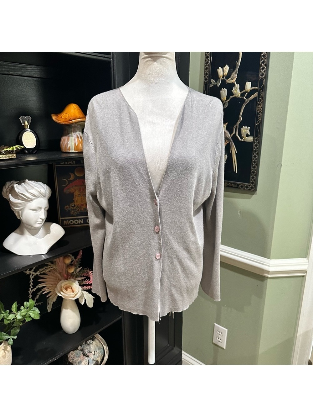 Talbots Light Gray Cotton Rayon Button Cardigan Sweater Size M